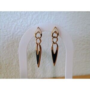 Vintage Trifari Black And White Enamel Gold Tone Dangle Earrings